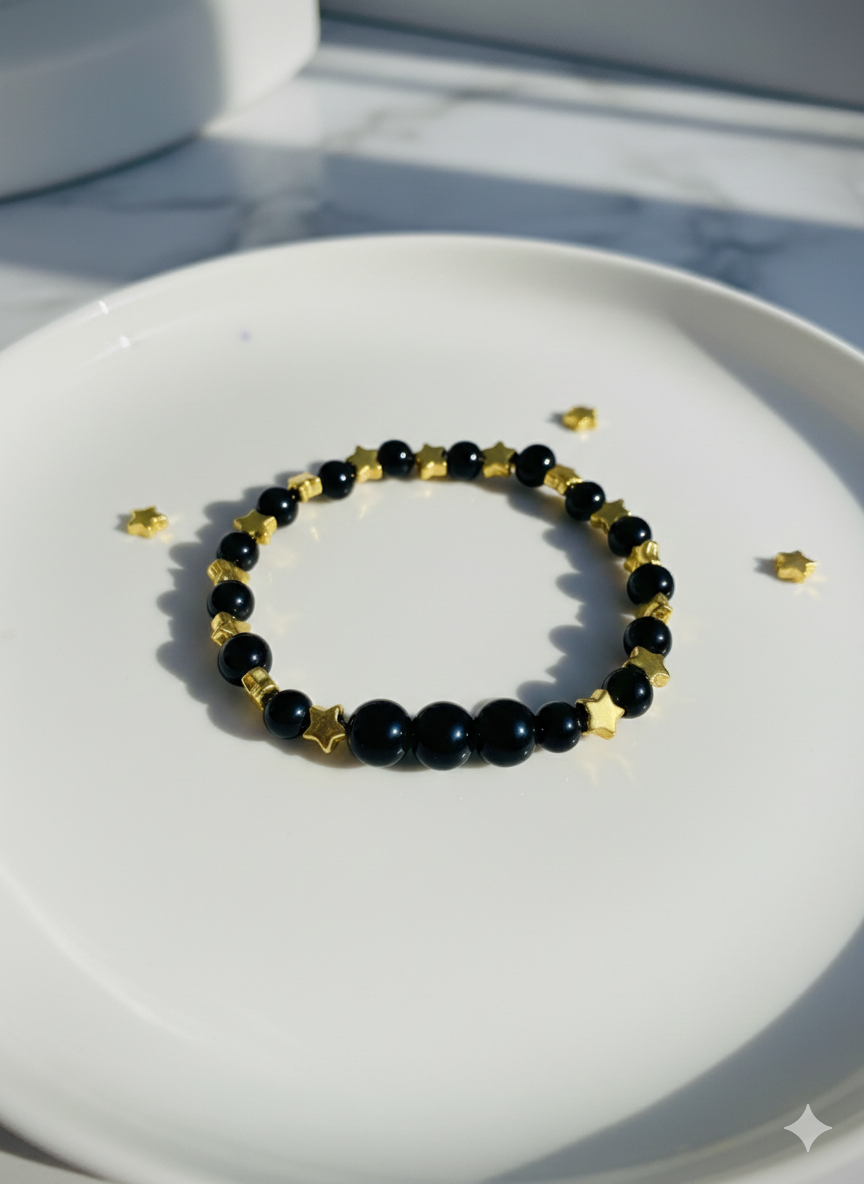Midnight Star Beaded Bracelet – Black Beads with Golden Star Charms